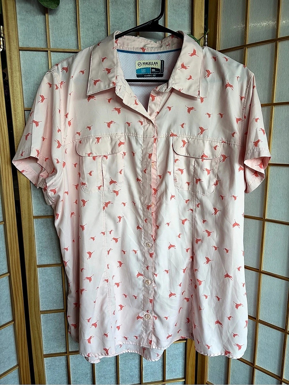 Magellan Outdoors Fish Gear Classic Fit Pink & White Shirt Size XXL